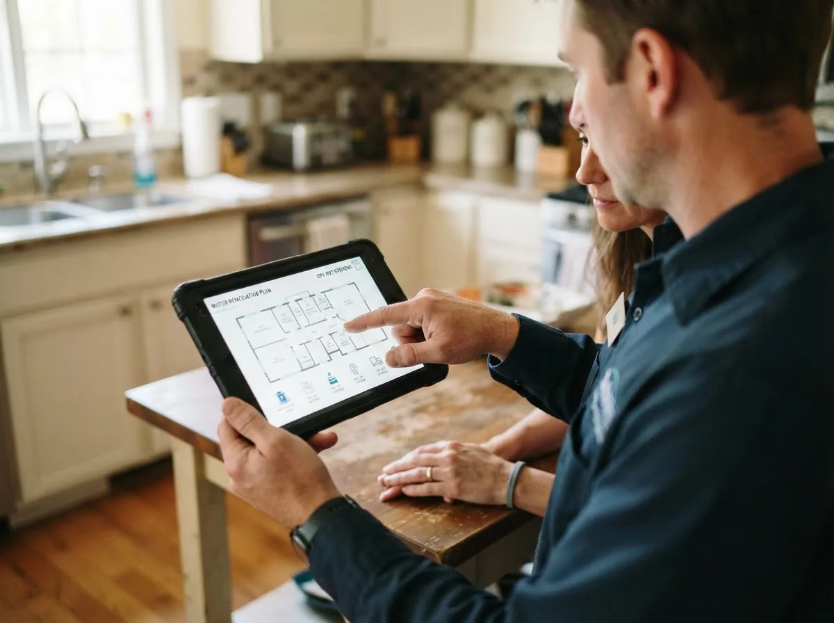 Water damage restoration technician inspecting a home in West Bloomfield, NY